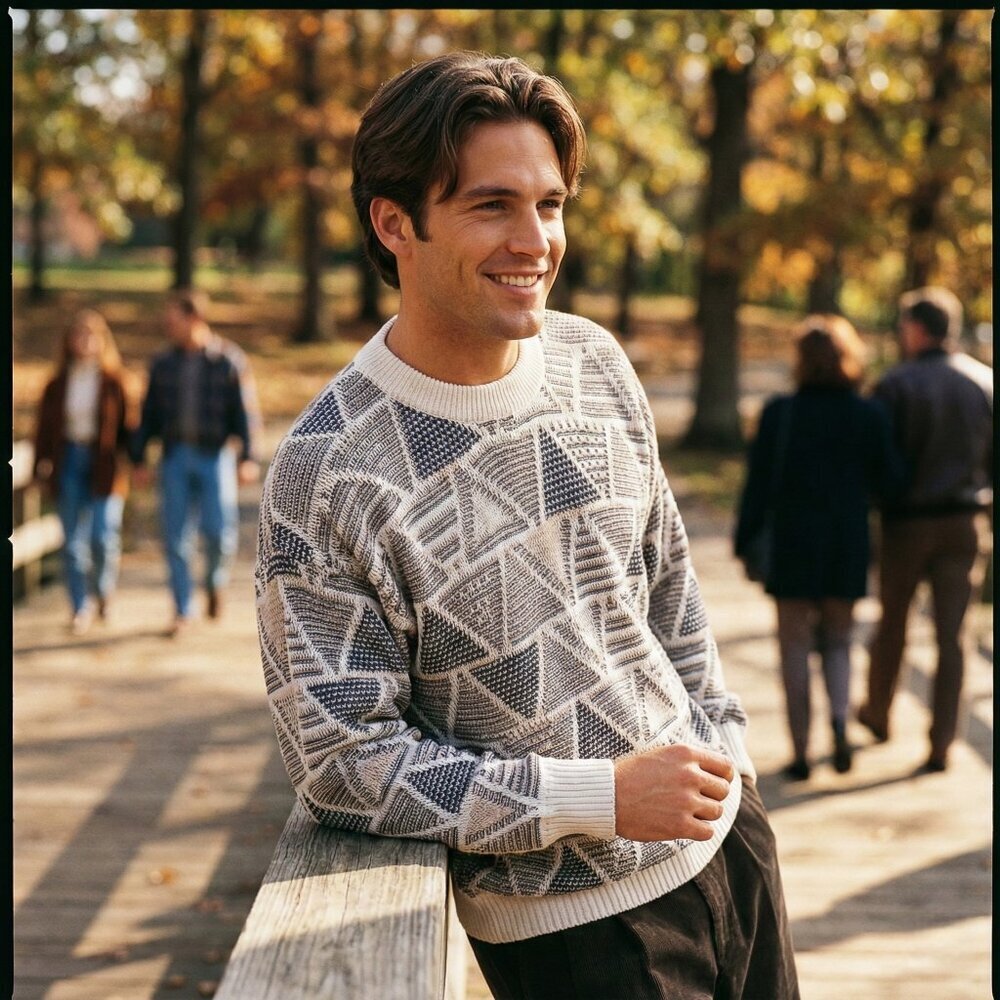 Bachrach Mens Large Geometric Knit Sweater Vintage 80s Cream Black Preppy Retro